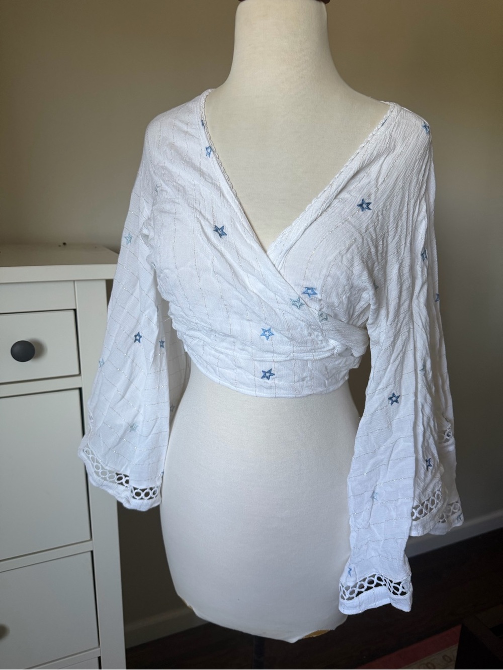 Surf Gypsy White Wrap Crop Top with Blue Star Embroidery